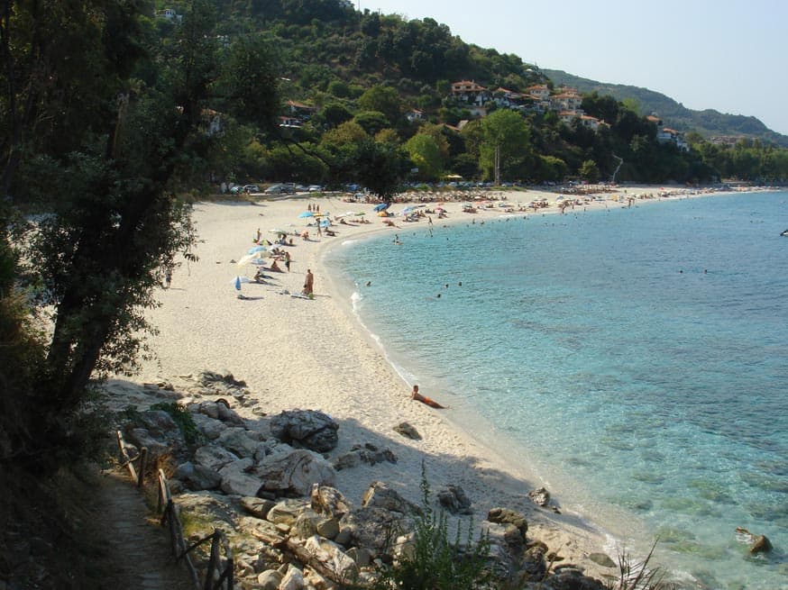 Papa Nero beach below the house, with the village on the hillside above